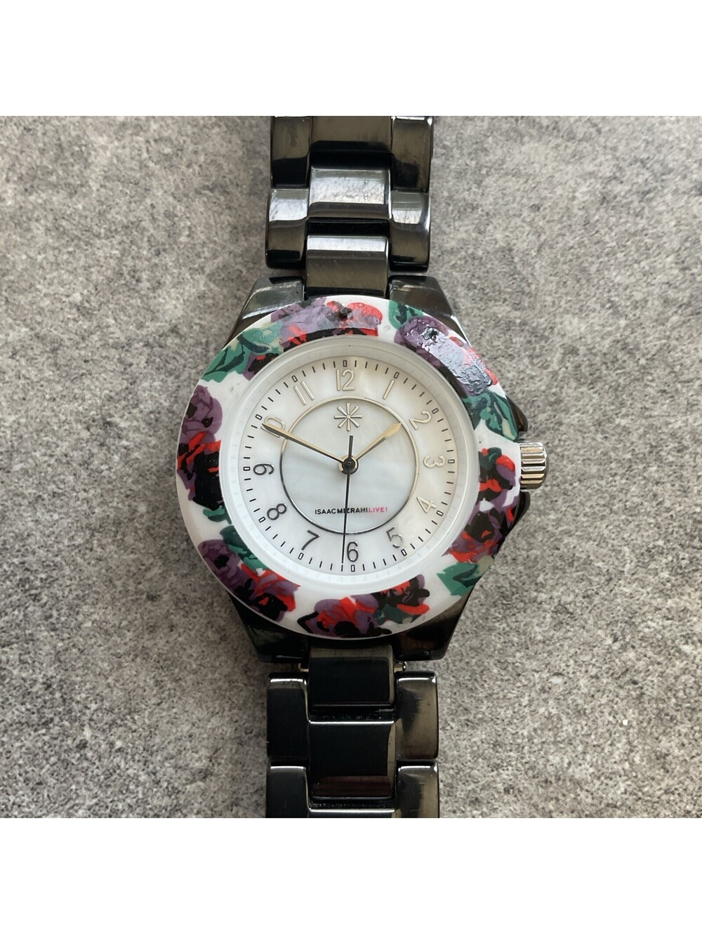 Isaac Mizrahi Womens Watch 35mm Gunmetal Ceramic Case & Band Floral Bezel B-Y